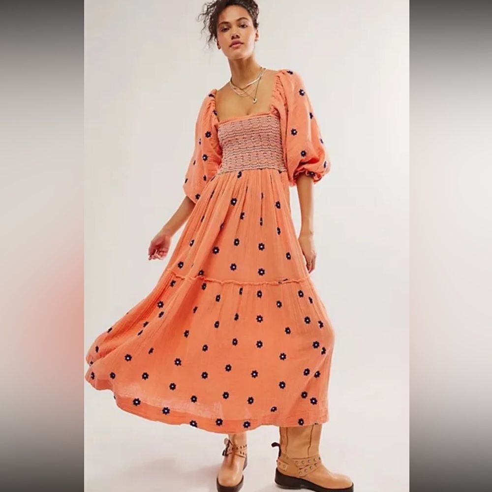 Free People Peach Maxi Dress with Navy Floral Motif